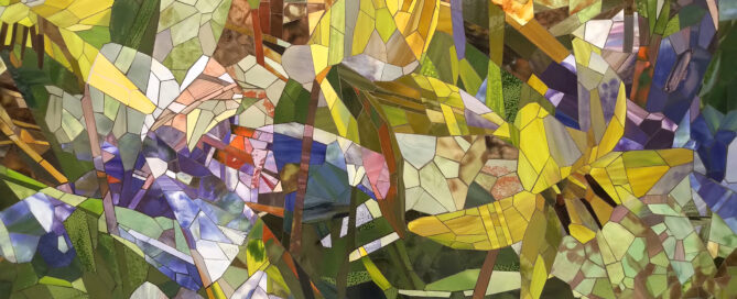 Trout Lily Blue Flag Iris detail 1 2020 ceramic mosaic 8x14ft by Contemporary Canadian Artist Katharine Harvey