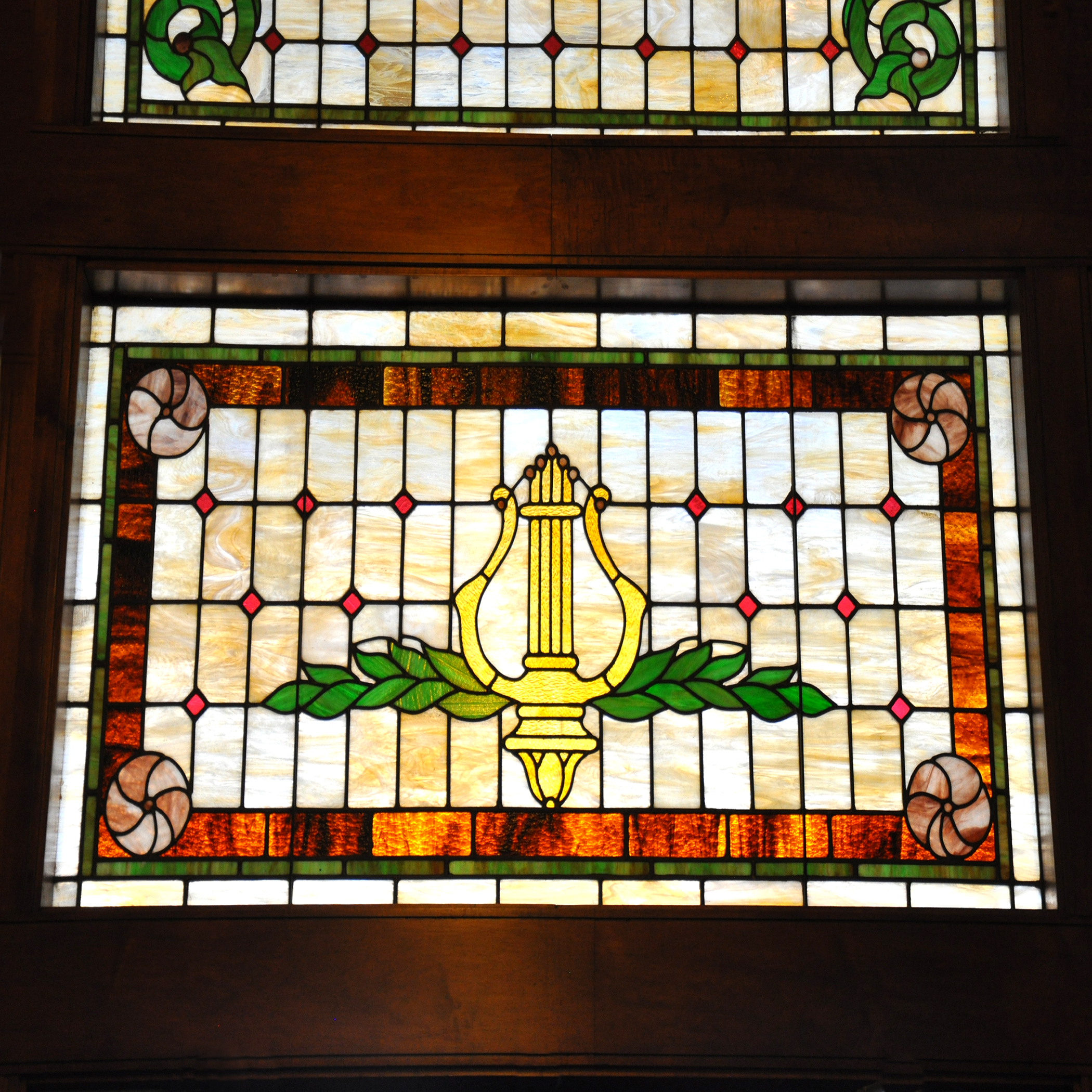 colourful stained glass at the Elgin and Winter Garden Theatre entrance